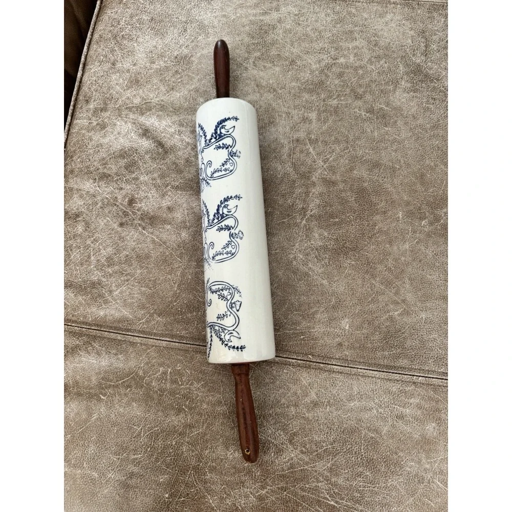 Roller Pin Blue White Glazed Stoneware Wood Handles 19-20